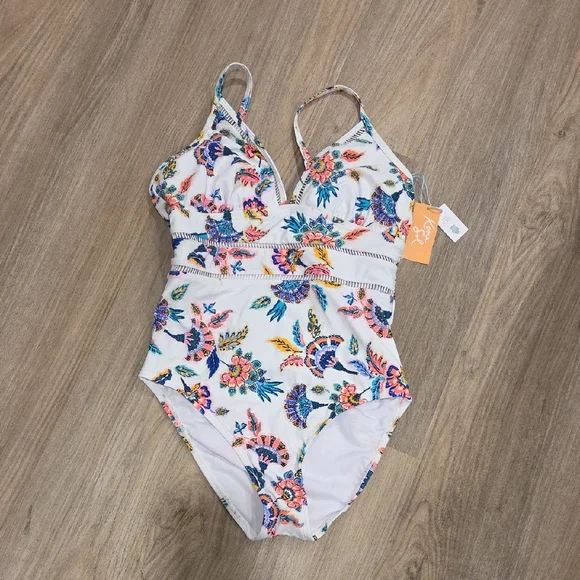 Kona Sol White Floral One Piece Swimsuit Size Medium NWT - Picture 1 of 4